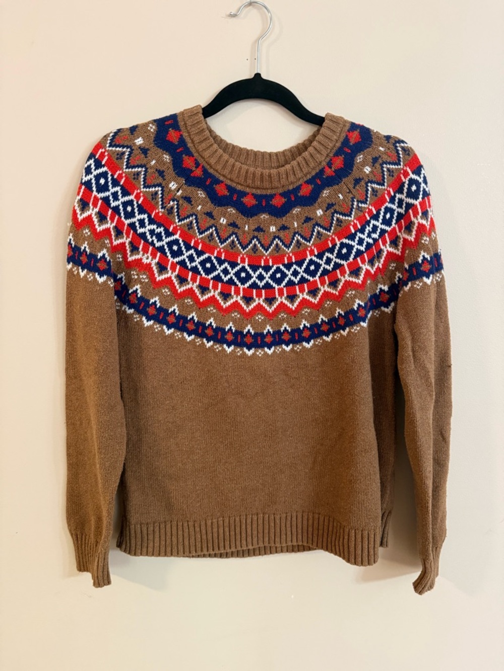 J.Crew Fair Isle Crewneck Sweater in Brown with Red, Navy & White Accents Medium